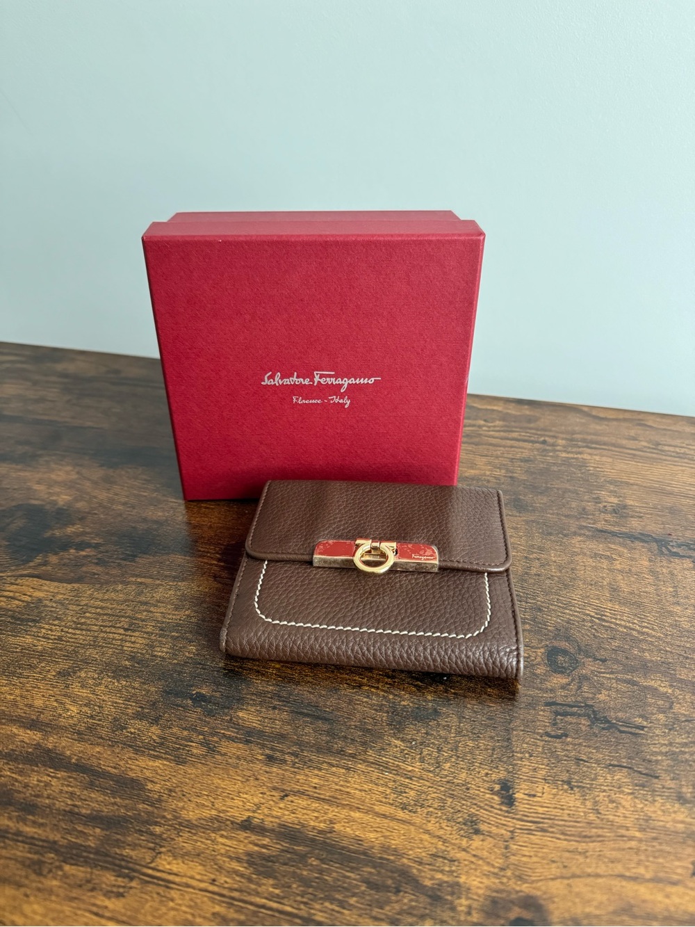Salvatore Ferragamo Brown Leather Card Holder with Gold Gancini Clasp